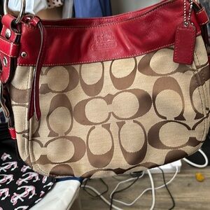 Coach Red and Brown Signature Shoulder Bag